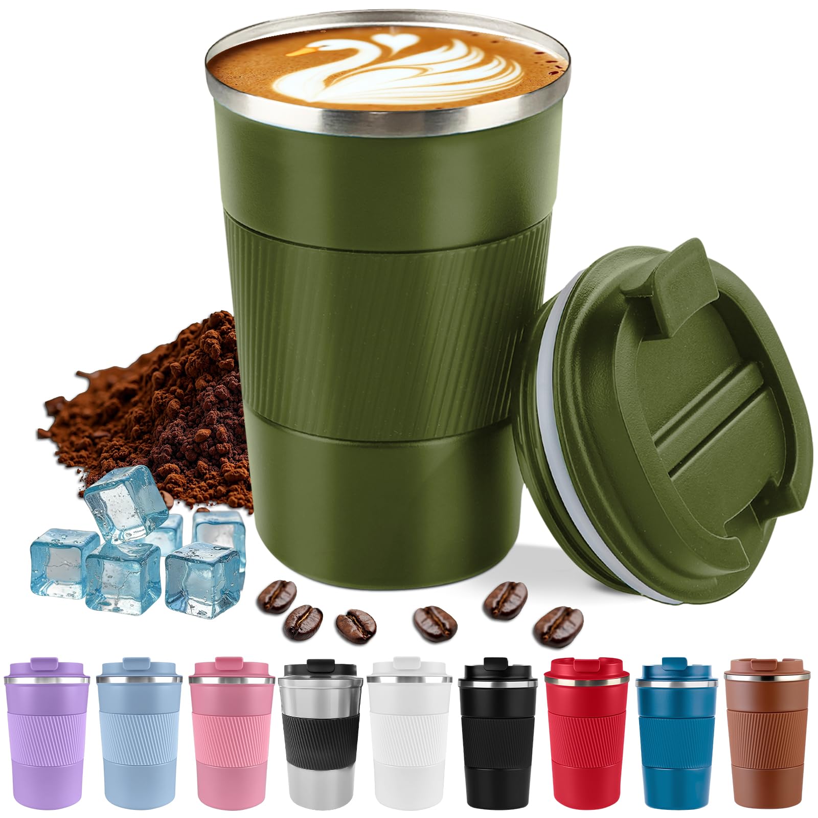 Harindiver Insulated Coffee Cup with Lid, Leak Proof Travel Coffee Mug, Reusable Stainless Steel Vacuum Tumbler, Double Wall Thermal Cup for Hot and Cold Drinks, for Men and Women(3rd-Green, 380ml)