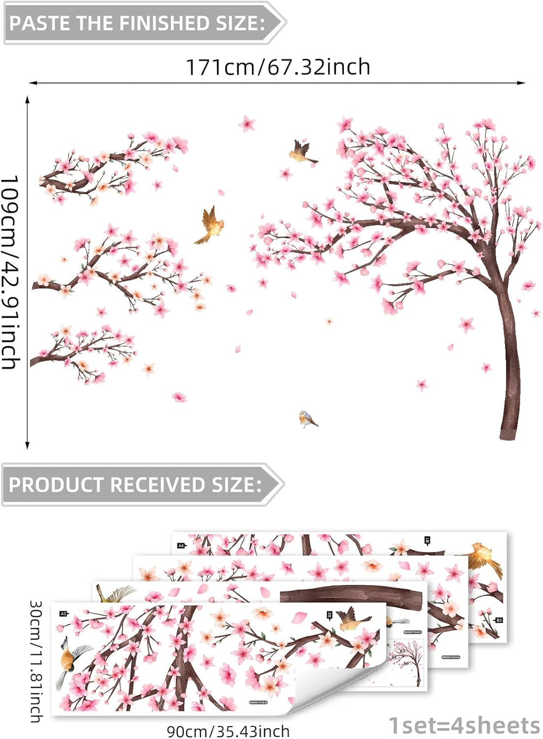 Pink Cherry Blossom Tree Wall Stickers -Large Branch Flower Bird Peel & Stick Removable Wall Decal for Sofa Bedroom Living Room Wall Decor,109 cm x 171 cm