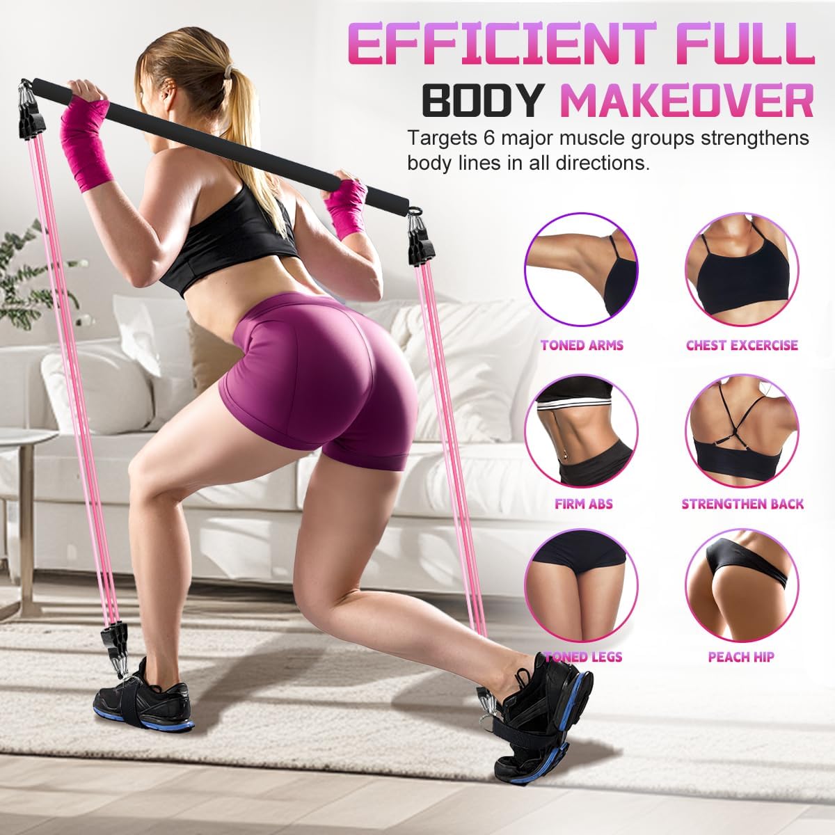 VEICK Pilates Bar Kit with Resistance Bands, Elastic Workout Bands for Men Women, Set of 5 Resistance Loop Bands for Home Fitness Stretching Strength Training