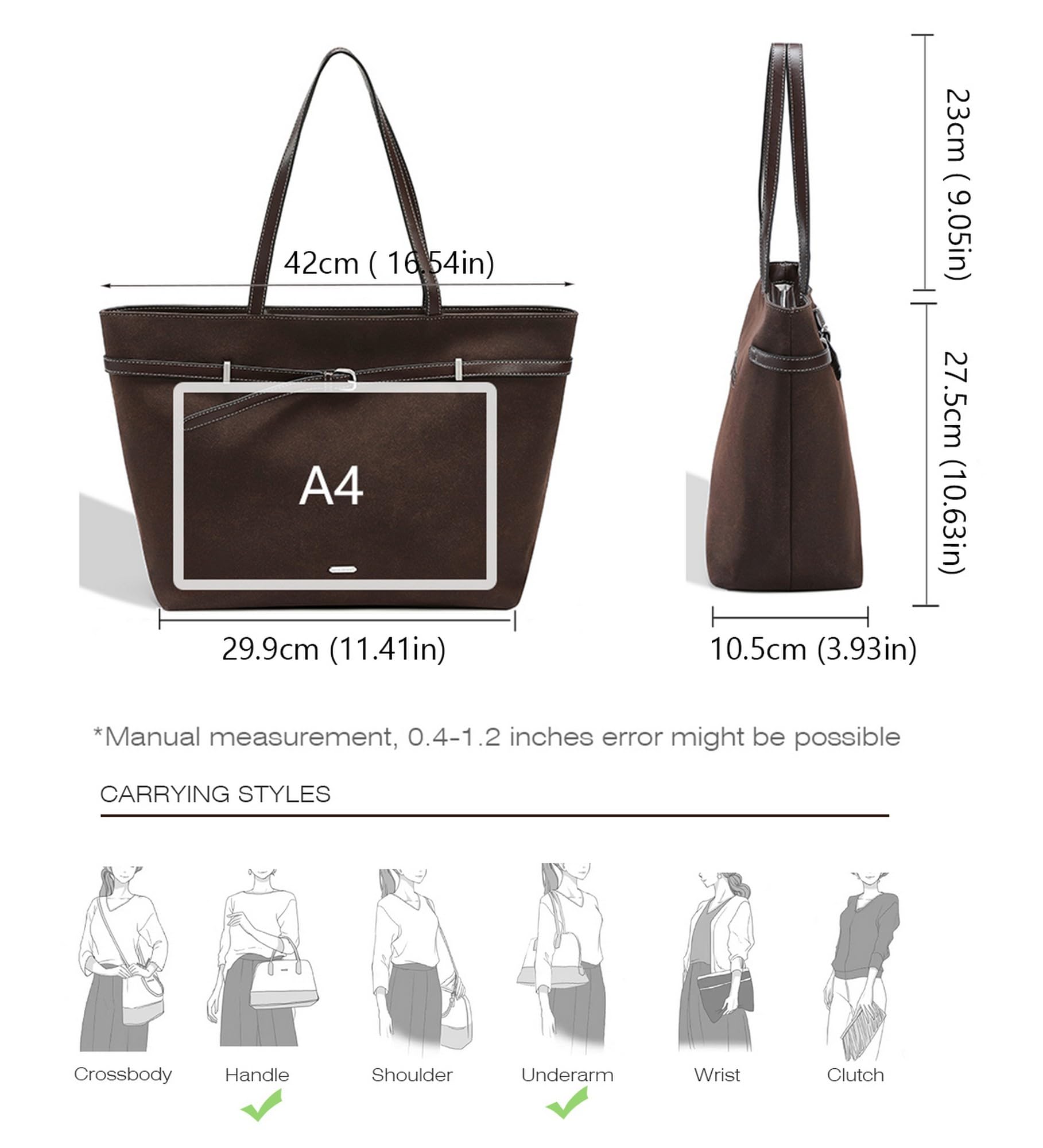 David Jones – Bolso de mano para mujer ante de gran tamaño – Bolso de mano para el hombro durante la escuela secundaria de trabajo – Bolso de mano de ante flexible – Shopper de gran capacidad A4 asas