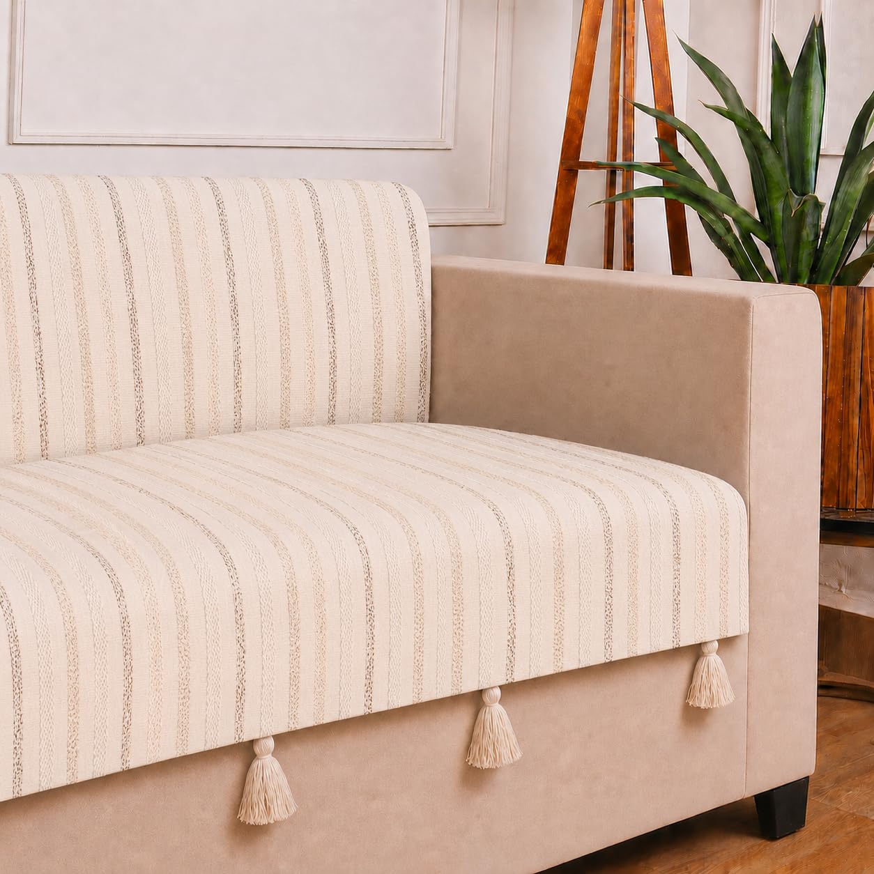 STITCHNEST 'Nomad Weave Collection' 3 Seater Sofa Cover – Full Coverage| Elegant Jacquard Fabric, Decorative Tassels, Washable & Durable for Modern Living59
