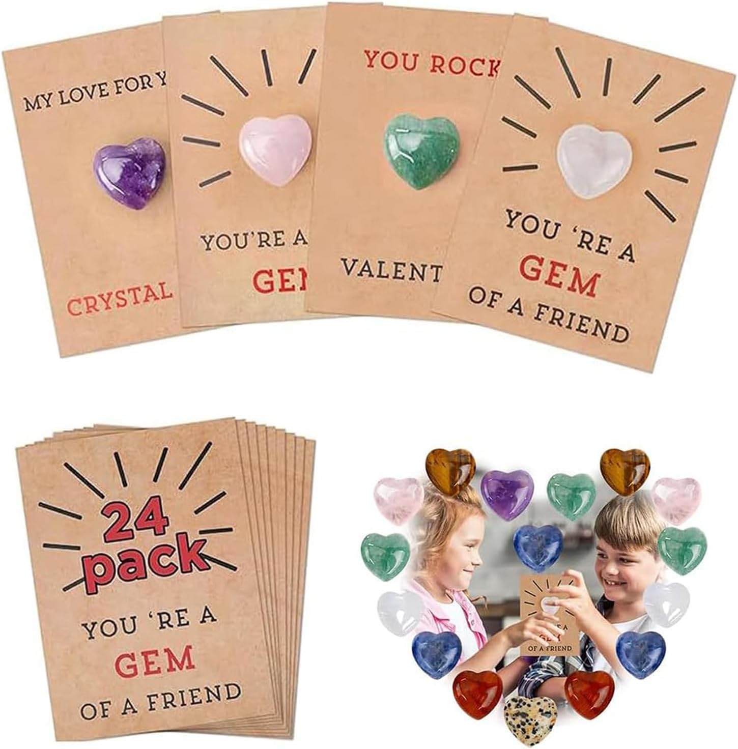 24Pack Valentines Cards with Heart-Shaped Crystal Stones, Heart-Shape Crystal Valentines Cards, YOU'RE A GEM OF A FRIEND, Valentines Gift Cards for Kids School Class Classroom (Random acrylic stones)