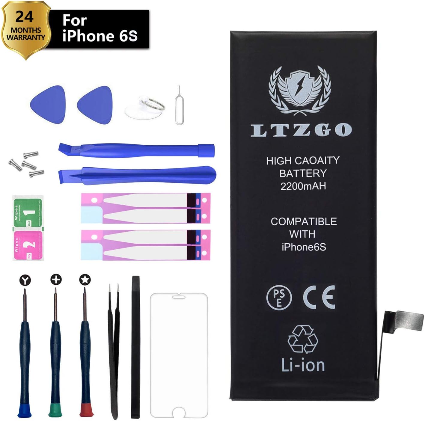 LTZGO 2200mAh Battery Compatible with iPhone 6S Li-ion Protection High Capacity Replacement Kit Repair Tool Kit Screen Protector