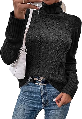 Hongqizo Suéter para mujer con cuello de tortuga, manga larga, casual, de punto trenzado, con cuello alto, ajuste delgado, suéter con cuello de