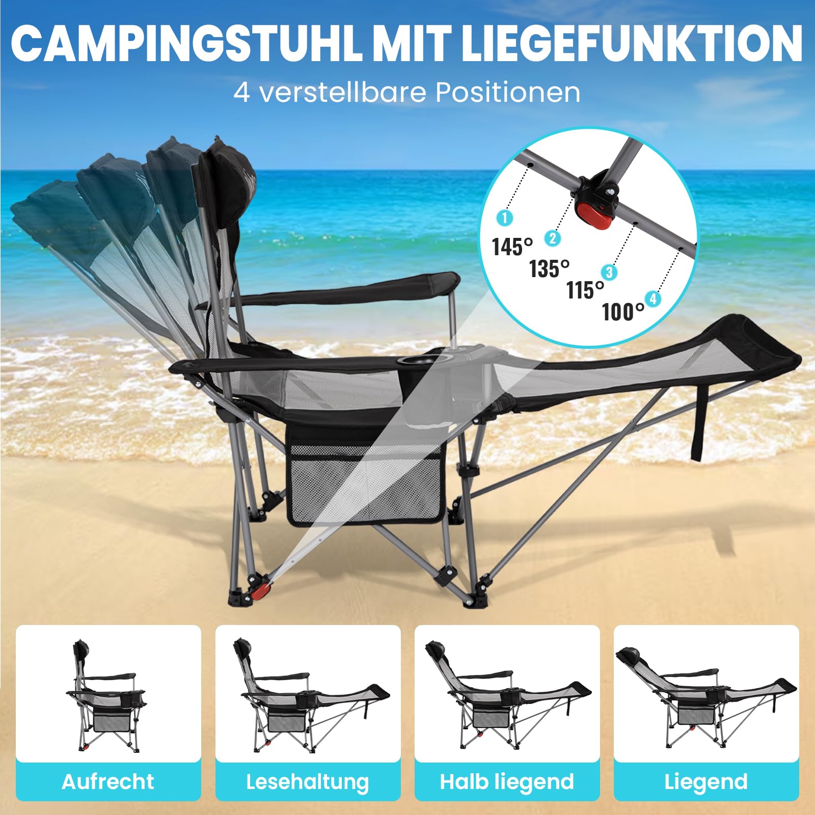 #WEJOY 2-in-1 Campingstuhl Faltbar 180kg mit Fußstütze,Strandstuhl mit 4-Fach Verstellbarer Rückenlehne, Liegestuhl Relaxsessel Liege mit Getränkehalter,Campingstuhl für Camping Outdoor Schwarz/Grau