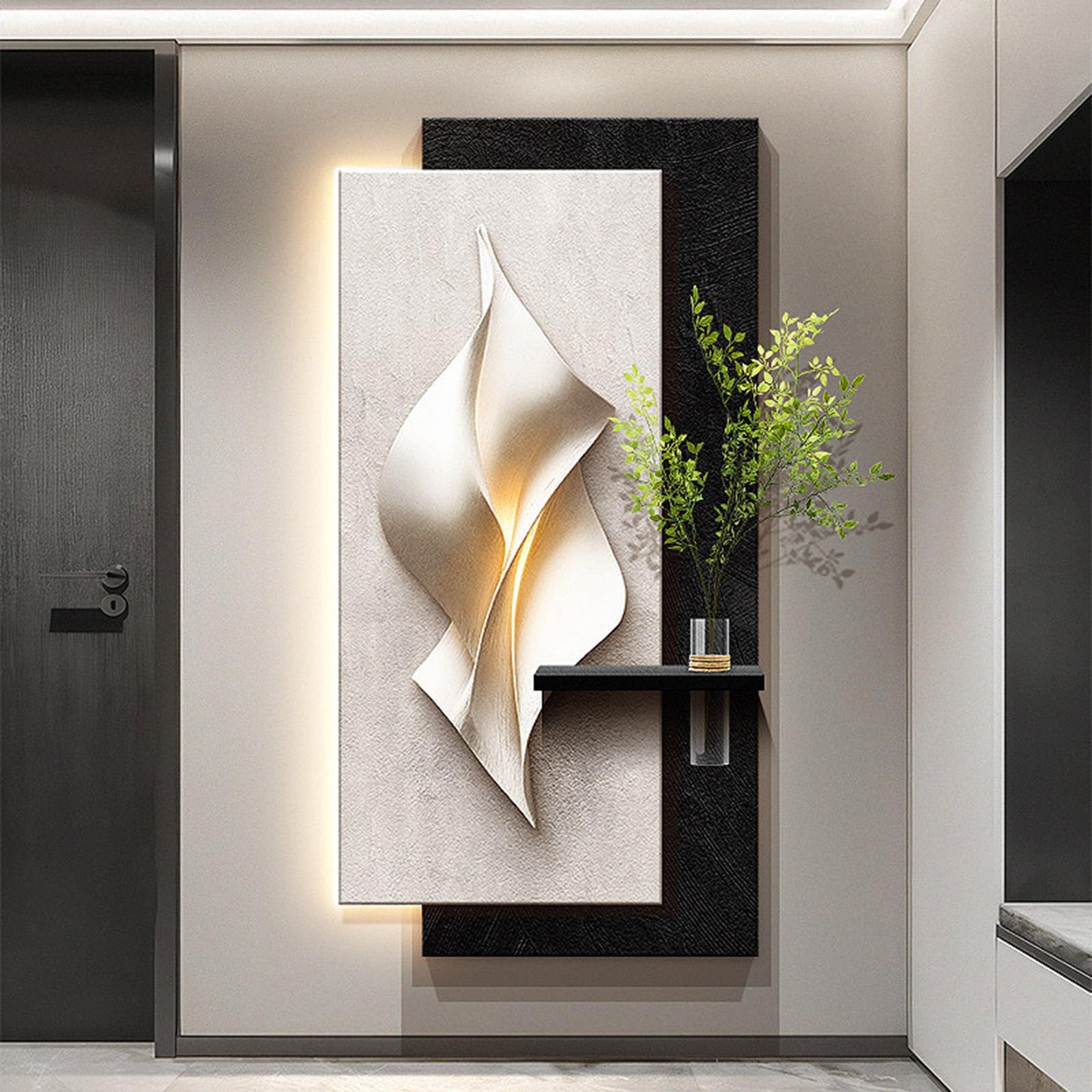 TgrGiEDenLO 3D LED Wall Art with Vase Entryway, Sandstone Relief Decor, Abstract Geometric Decor for Living Room, Bedroom & Hallway(D,50x100cm/19.7x39.4in)