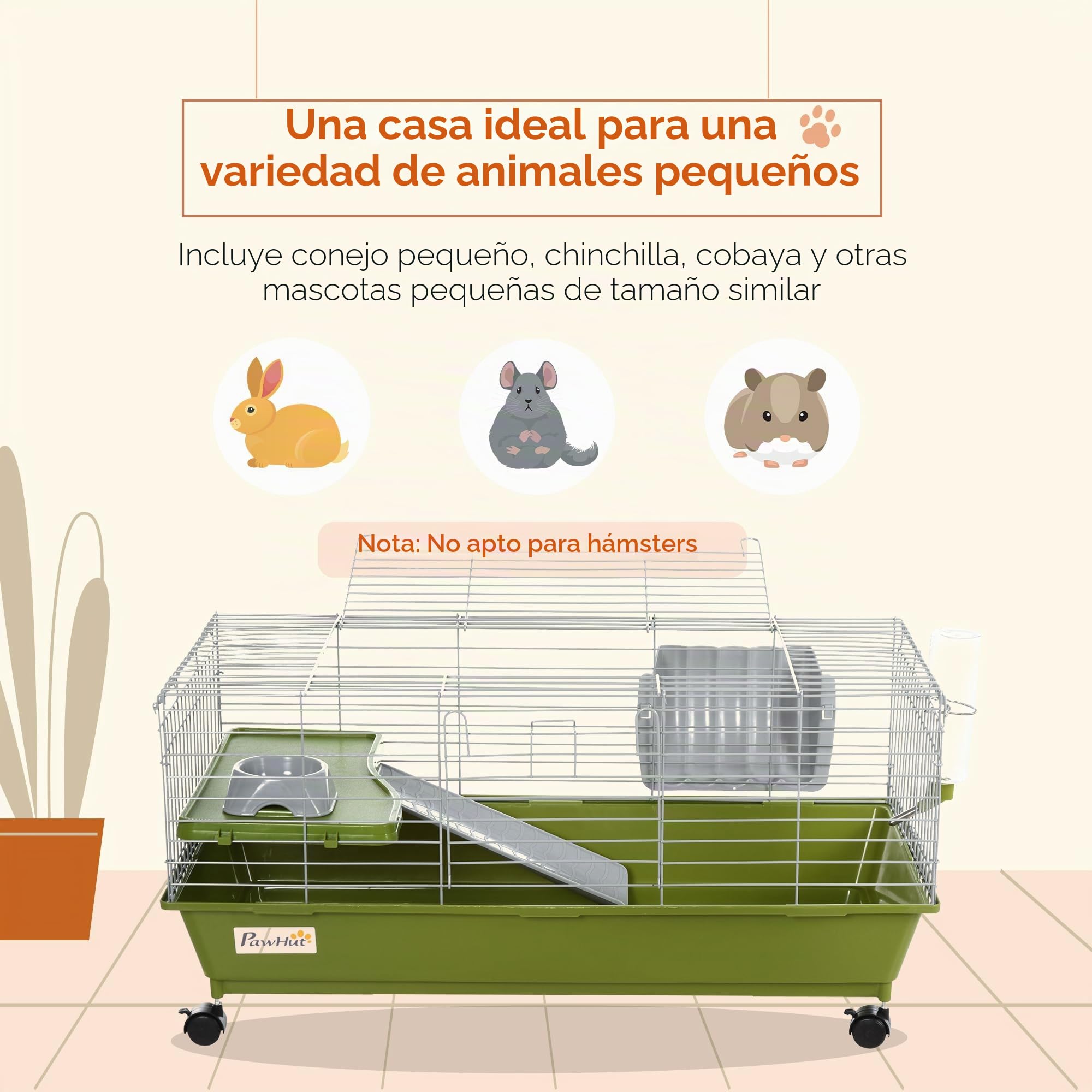 PawHut Jaula Pequeños Conejo Cobaya con Ruedas 89x44x43cm Verde | Jaula para chinchilla, botella de agua, plato, plataforma, rampa