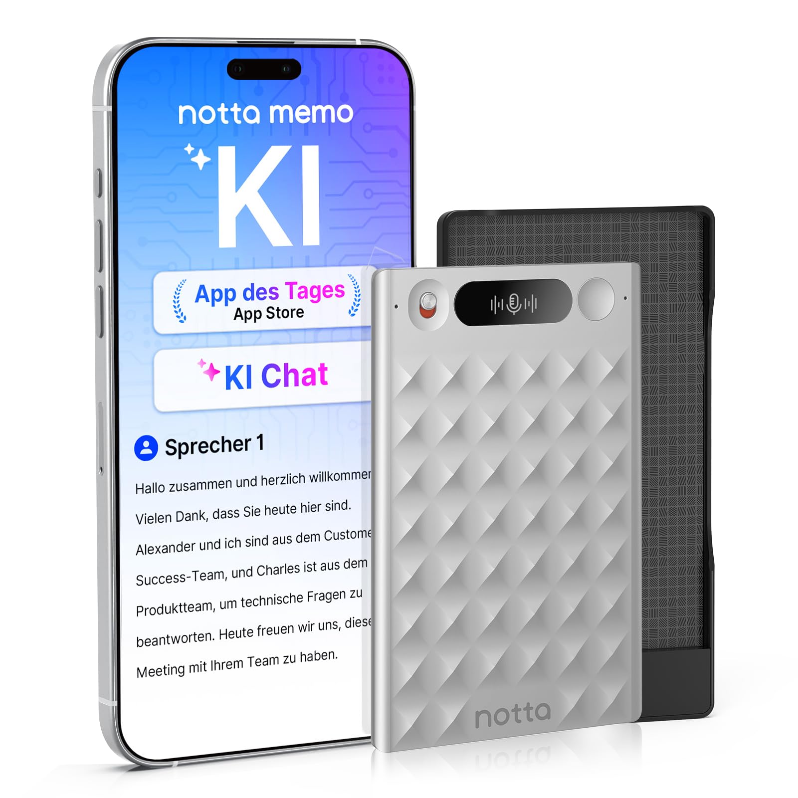 KI-Sprachrecorder, Notta Memo Digitales Diktiergerät(Silber), inkl. Memo MagBridge, KI-Transkription & Zusammenfassung in 58 Sprachen, 2000h Speicher, EIN-Knopf-Aufnahme für Anrufe