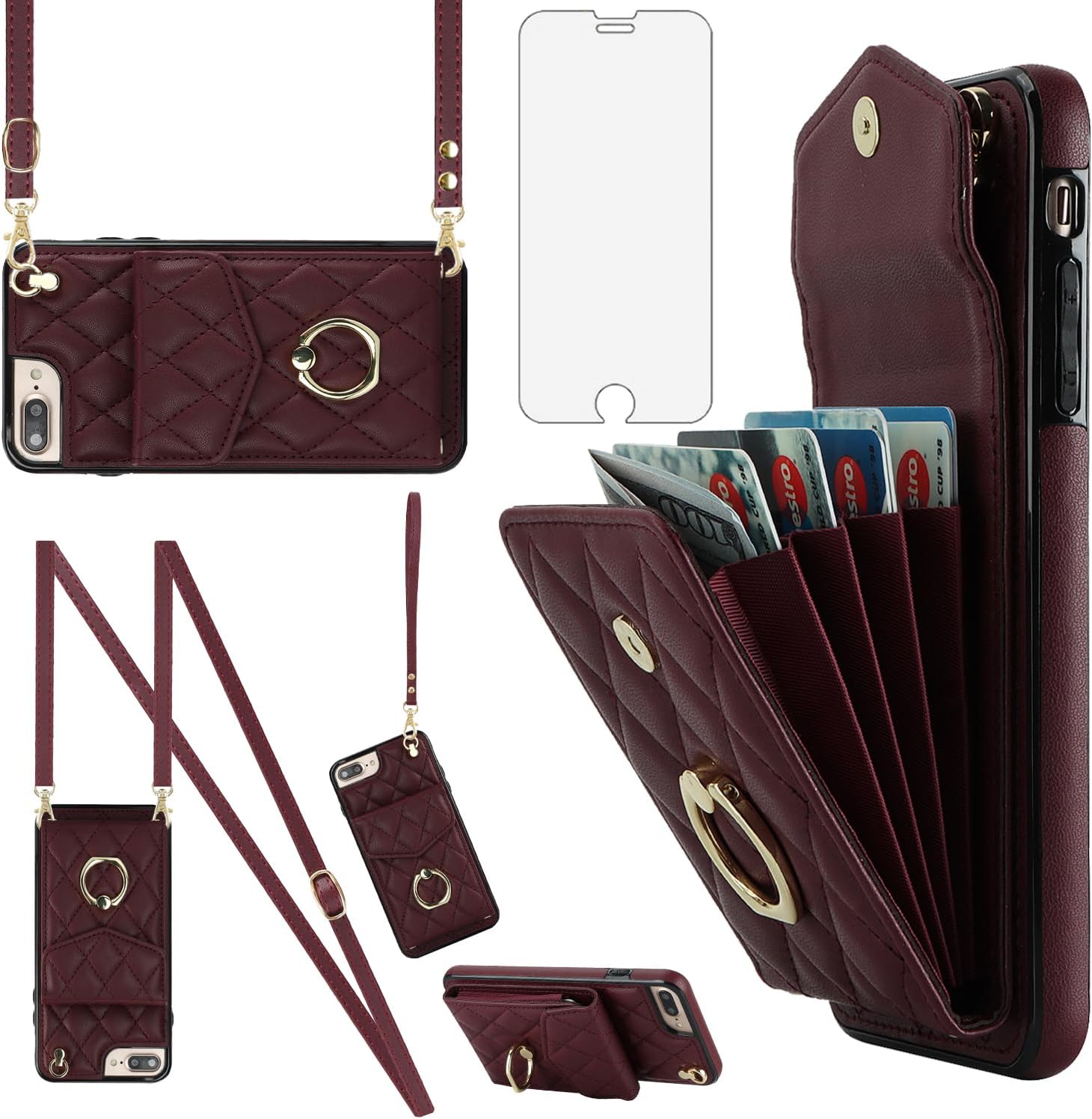 Asuwish Phone Case for iPhone 7plus 8plus 7/8 Plus Wallet Cover with Tempered Glass Screen Protector Crossbody Ring RFID Blocking Card Holder Cell i Phone7s 7s + 7+ 8s 8+ Phones8 7p 8p Women Off White