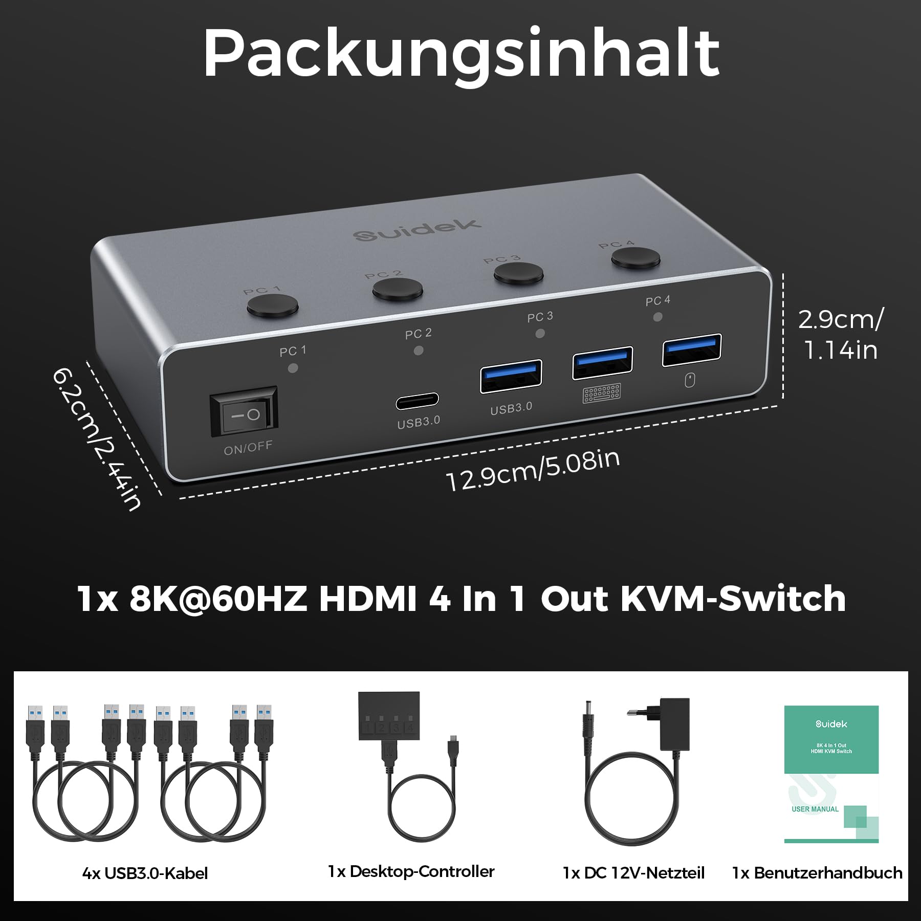 SUIDEK HDMI KVM Switch 4 PC 1 Monitor, 8K@60Hz/4K@144Hz KVM-Schalter mit 3 USB A+1 USB C für 4 Computers teilen 1 Monitor,Tastatur, Maus und Drucker, Inklusive 4 USB-Kabeln/Controller/12V-Netzadapter