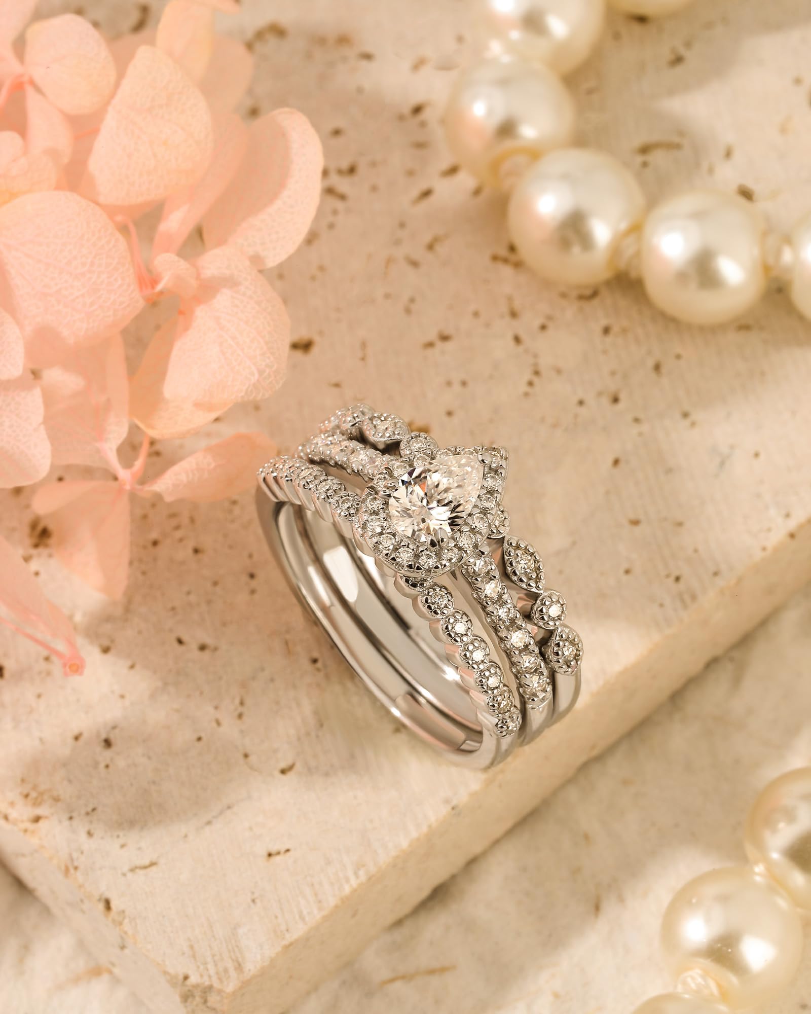 Damen Moissanit Band Ring Set Birnenschliff Vorsteckring 925 Sterling Silber Stapelring Rundschliff Silberring Austauschbar Ewigkeitsring Schmuckset für Frauen Geschenk