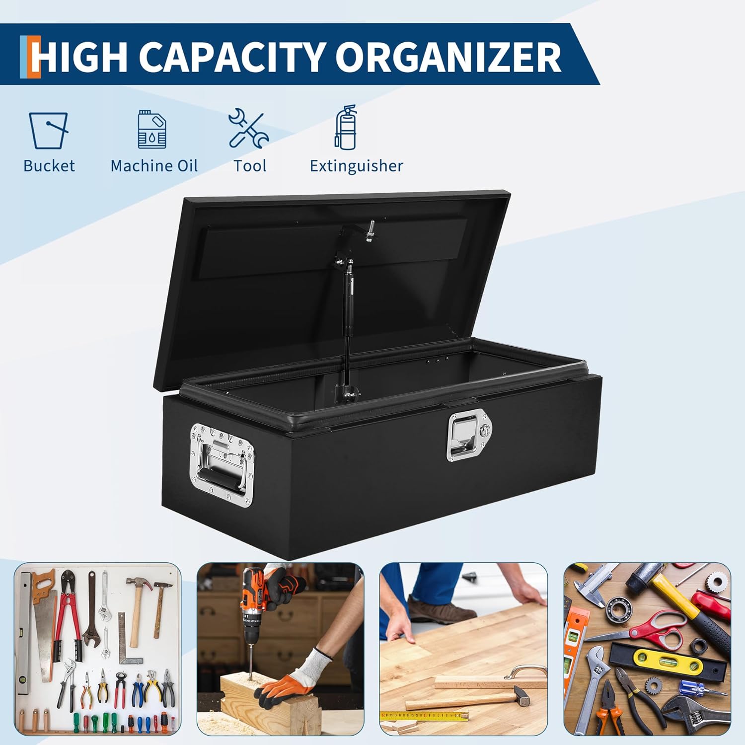 Garvee Black Steel Truck Bed Tool Box, Diamond Plate Tool Box with Side Handle and Lock Keys, Storage Toolbox Chest Box Organizer for Pickup, Truck Bed, RV, Trailer