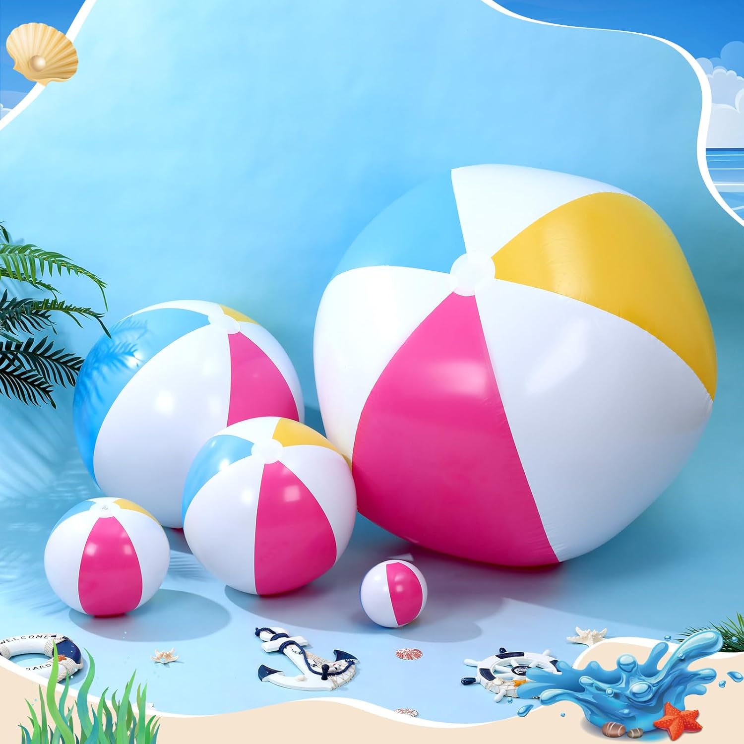 Realspring 36 Pcs Inflatable Beach Balls Bulk 6" 12" 16" 24" 40" Multiple Sizes PVC Summer Swimming Pool Ball for Adults Outdoor Beach Hawaii Water Games Party Decorations