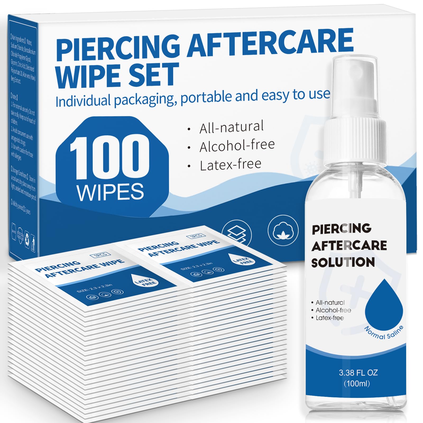 Photo 1 of 2 in 1 Piercing Aftercare Spray & Wipes Kit: Non-Greasy Saline Solution for Keloid Bump Removal, Piercing Bump Treatment Solution, Ear Nose Lip Belly Piercing Cleaner Wipes(3.38oz + 100ct)