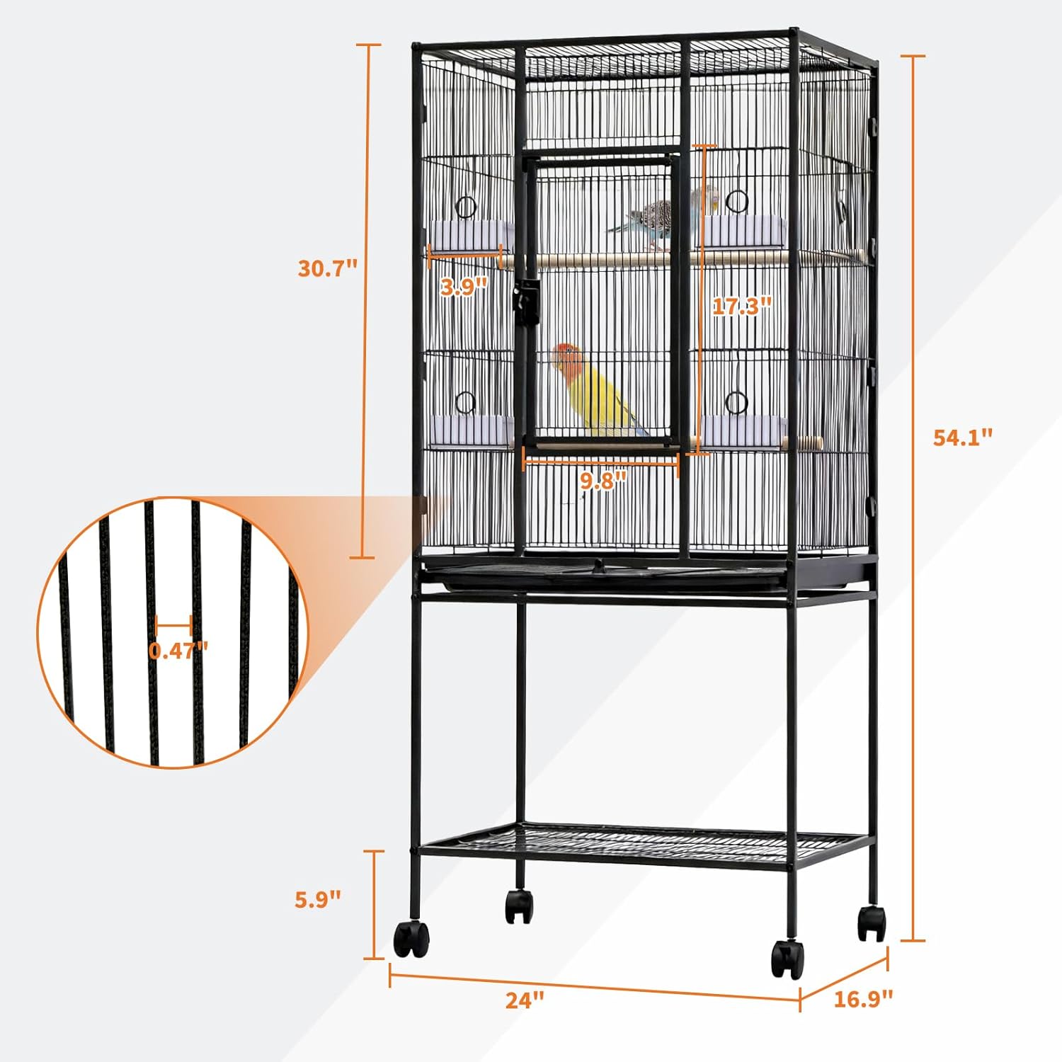 Large Bird Cage, 54" H Big Bird Cage with Stand for Parakeets Parrots Conures Lovebird Cockatiel Black
