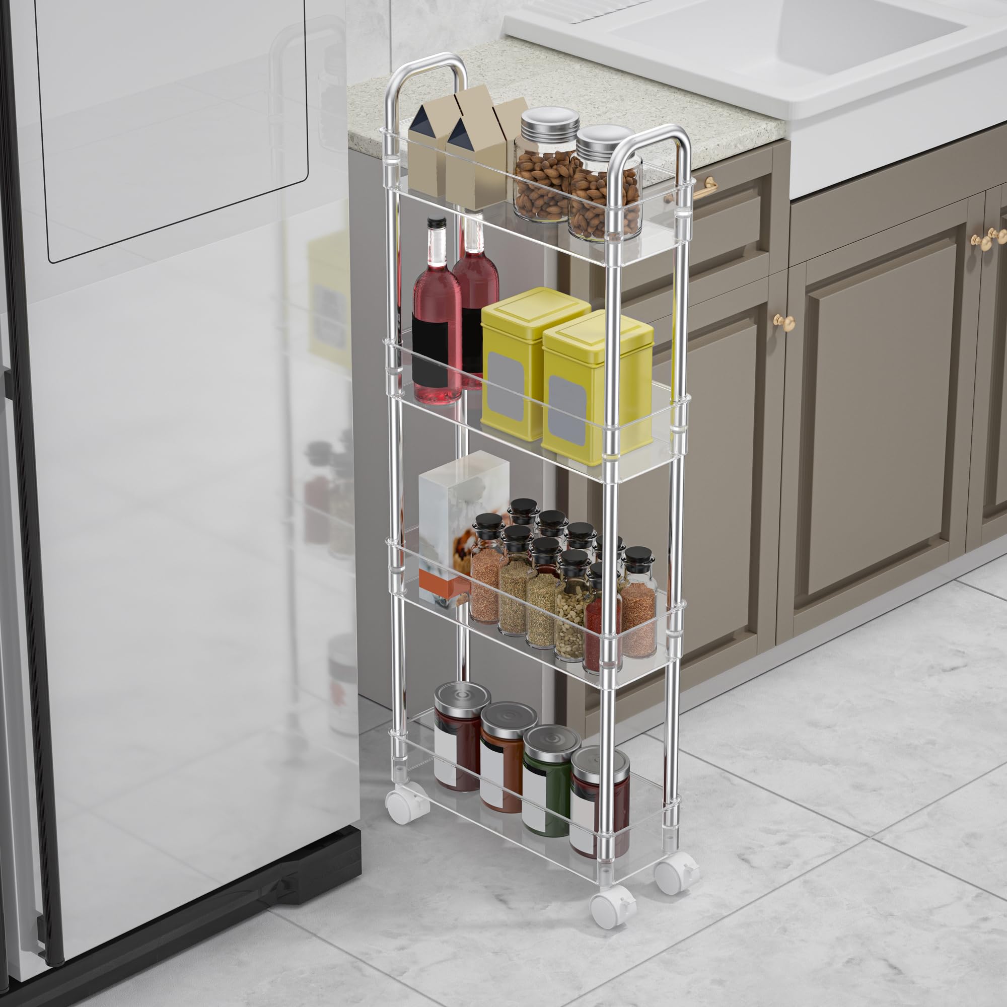 TESOIN Under Sink Organizers and Storage?4 Tier Clear Movable Slim Rolling Storage Cart Bathroom Organizer Under Cabinet Storage, Slide Out Narrow Shelf Organization for Kitchen Bathroom Warehouse