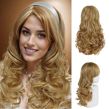 GNIMEGIL 20 Inches Mixed Blonde Wig With Bangs Long Honey Blonde Curly Wigs For Women Synthetic Hair Wavy Highlights Glinda Wigs Dress-up Halloween Costume Cosplay