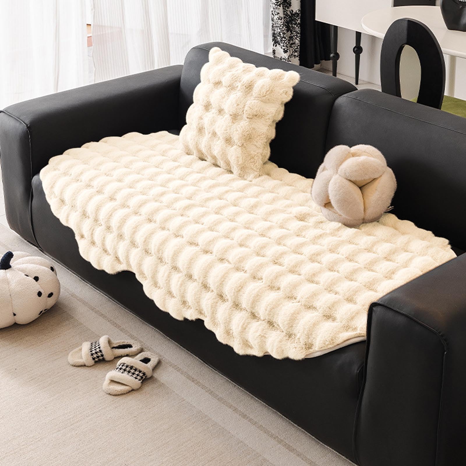 Housse de canapé en peluche épaissie jeté de canapé de luxe avec bordure vague