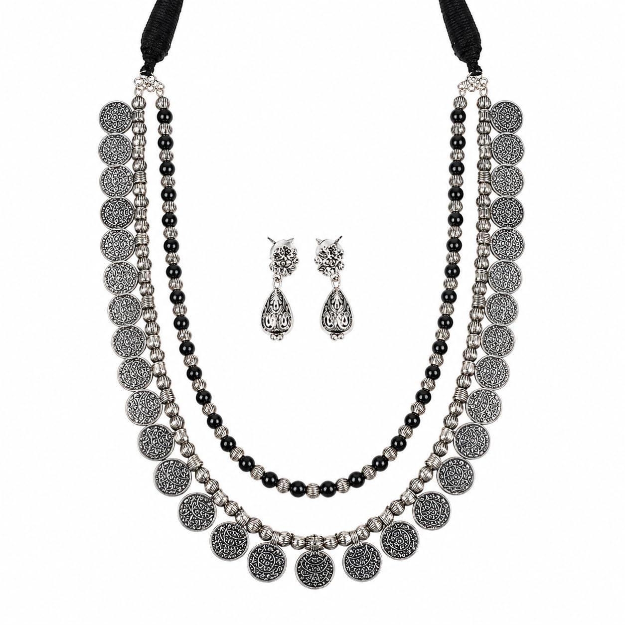 Oxidised Silver Layered Coin Necklace with Black Beads and Drop Earrings Set, Traditional Indian Style-image-20