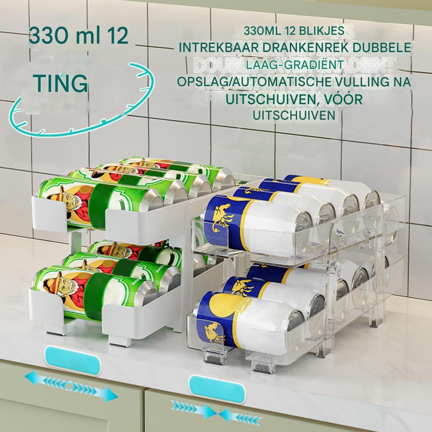 Soluzione di conservazione delle lattine - 2 x organizer per bibite | Cestino trasparente Distributore scorrevole a due strati con larghezza regolabile Organizzazione graduale per frigorifero cucina