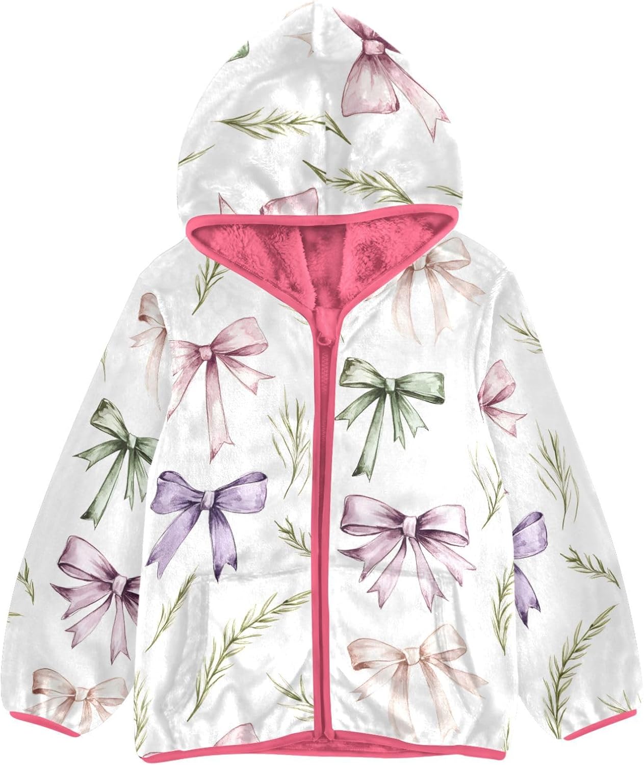 Girls Hoodie Outfit Bow Grass Watercolor Pattern Zipper Sweatshirt Coat Fleece Jacket for Kids 3-10T