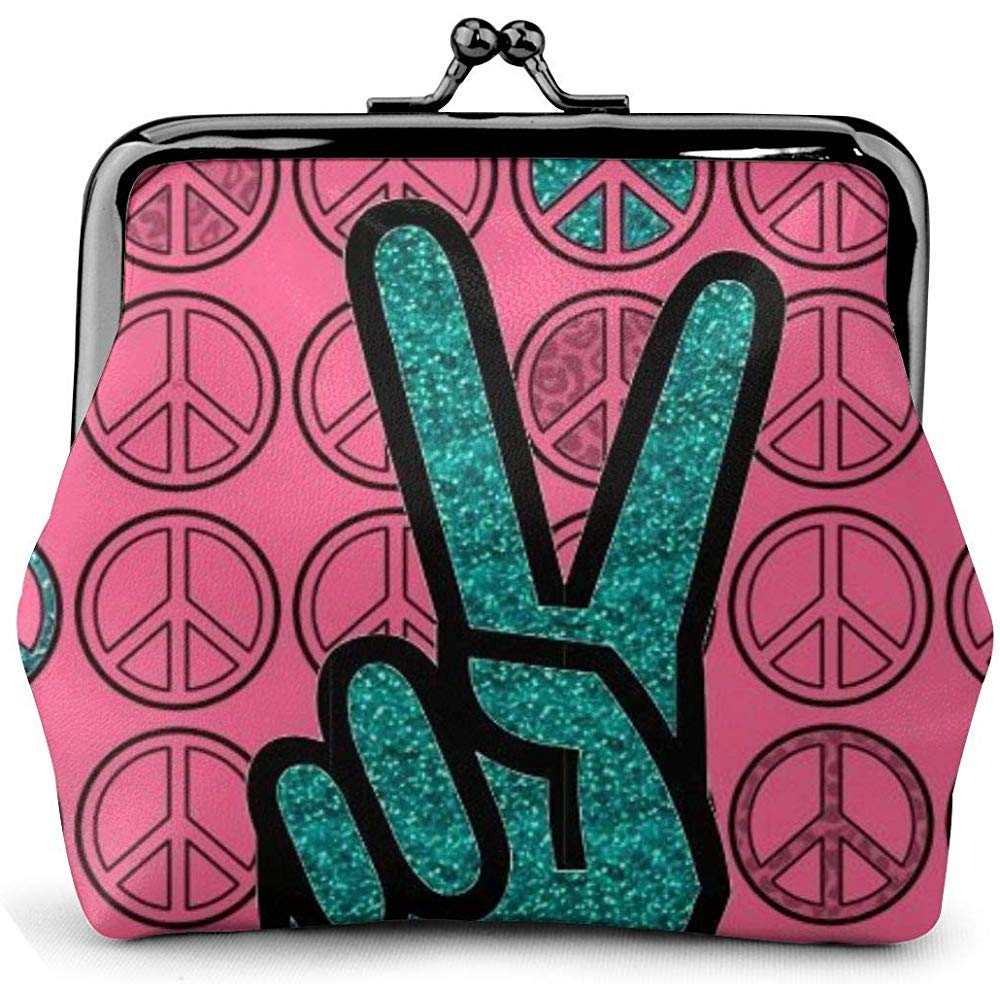 Victory Sign V Hand Peace Sign Pink Vintage Pouch Girl Kiss-Lock Change Purse Wallets Buckle Leather Coin Purses