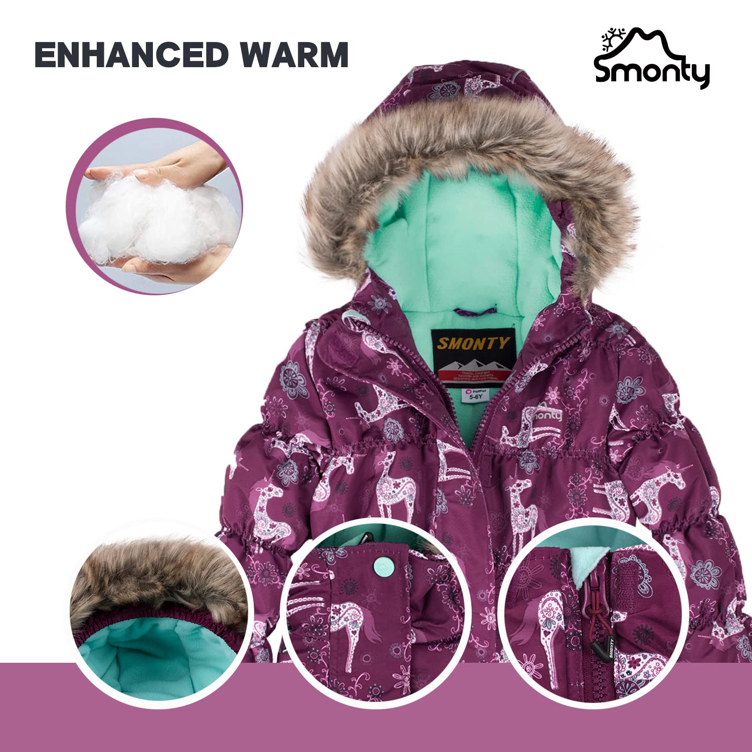 SMONTY Tuta da Neve per Bambini per Ragazze Giacca da Sci Invernale e Pantaloni Set Cinghie con Cappuccio Set Antivento Impermeabile Caldo (Viola, 4-5)