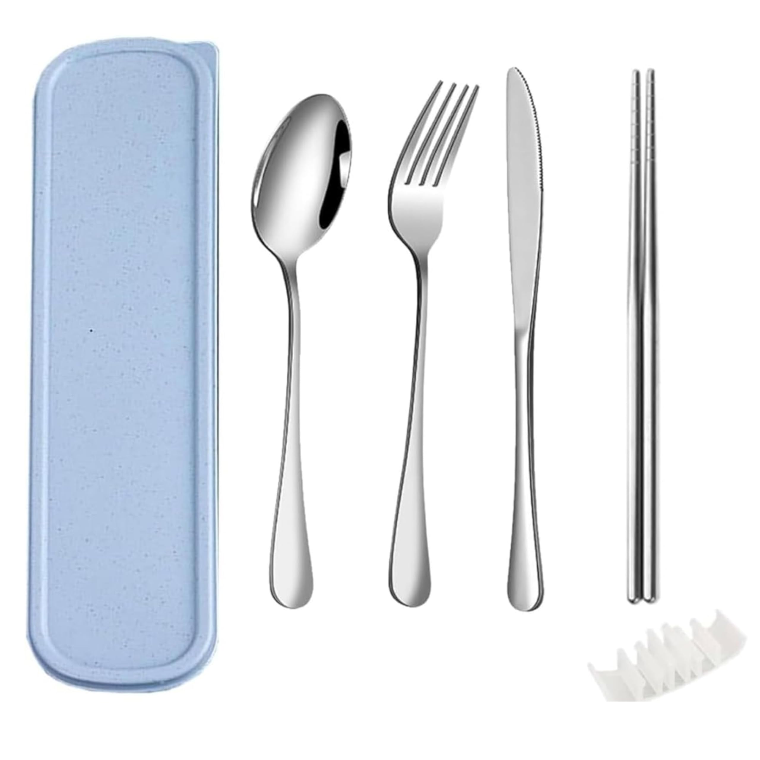 QZLSAYSL 7-Piece Travel Cutlery Set, Reusable Stainless Steel Flatware with Storage Box, Includes Knife, Spoon, Fork, Chopsticks and Stand, Suitable for School, Travel, Camping (Blue)