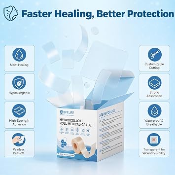 Hydrocolloid Bandages for Wound Care, Medical-Grade Hydrocolloid Roll with Self-Adhesive, Ultra Absorbent, Flexible & Waterproof, Cut-to-Size First Aid Kit Essential (2in*12ft)