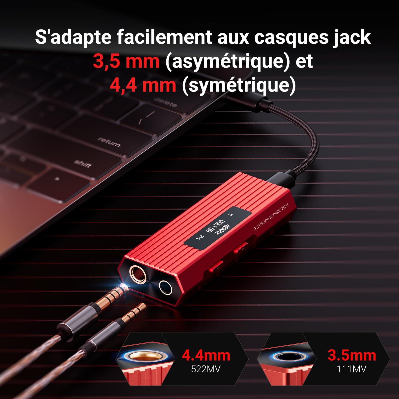joliker Amplificatore Cuffie DAC USB-C Portatile Hi-Fi ES9028Q2M, DSD256/PCM 384kHz 32bit, uscite 3,5mm + bilanciata 4,4mm, Compatibile iPhone 15/16, Android, PC, Mac