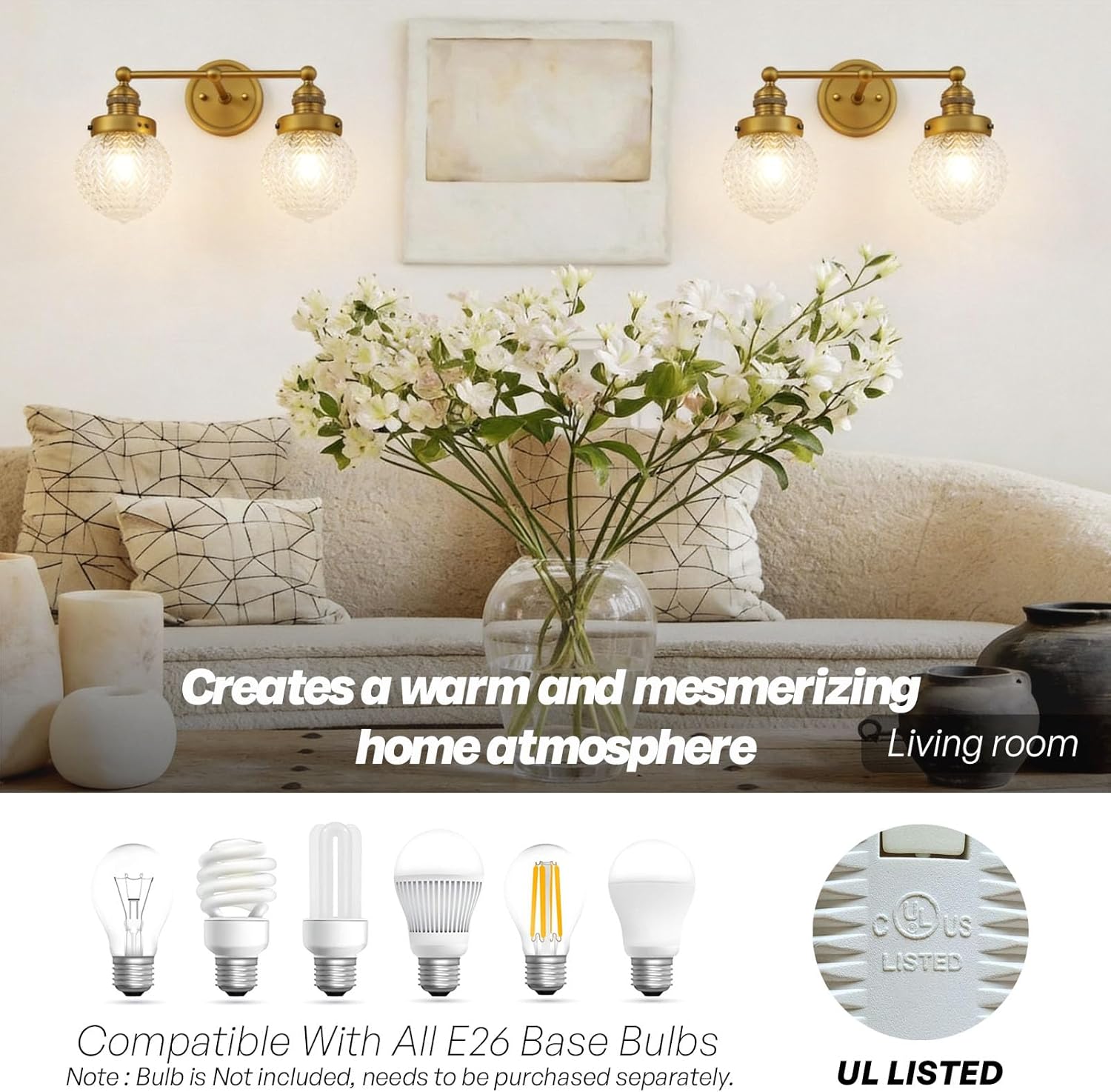 2-Light Gold Vanity Light Bathroom Light Fixtures Vintage Farmhouse Wall Sconces with Textured Glass Brushed Gold Lighting Over Mirror E26 Hardwired Double Arm for Bathroom Bedroom
