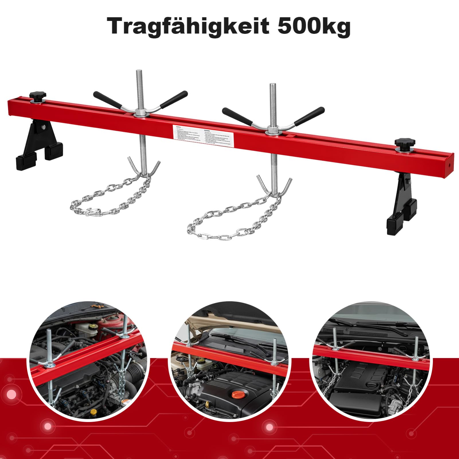 Motorbrücke 500kg 730-1480mm Kotflügeltraverse Motorheber Motorhalter Motor Traverse Stahlkonstruktion Motorbrücke Kotflügeltraverse Motorheber Getriebe Heben Halten Sicherheit Rot