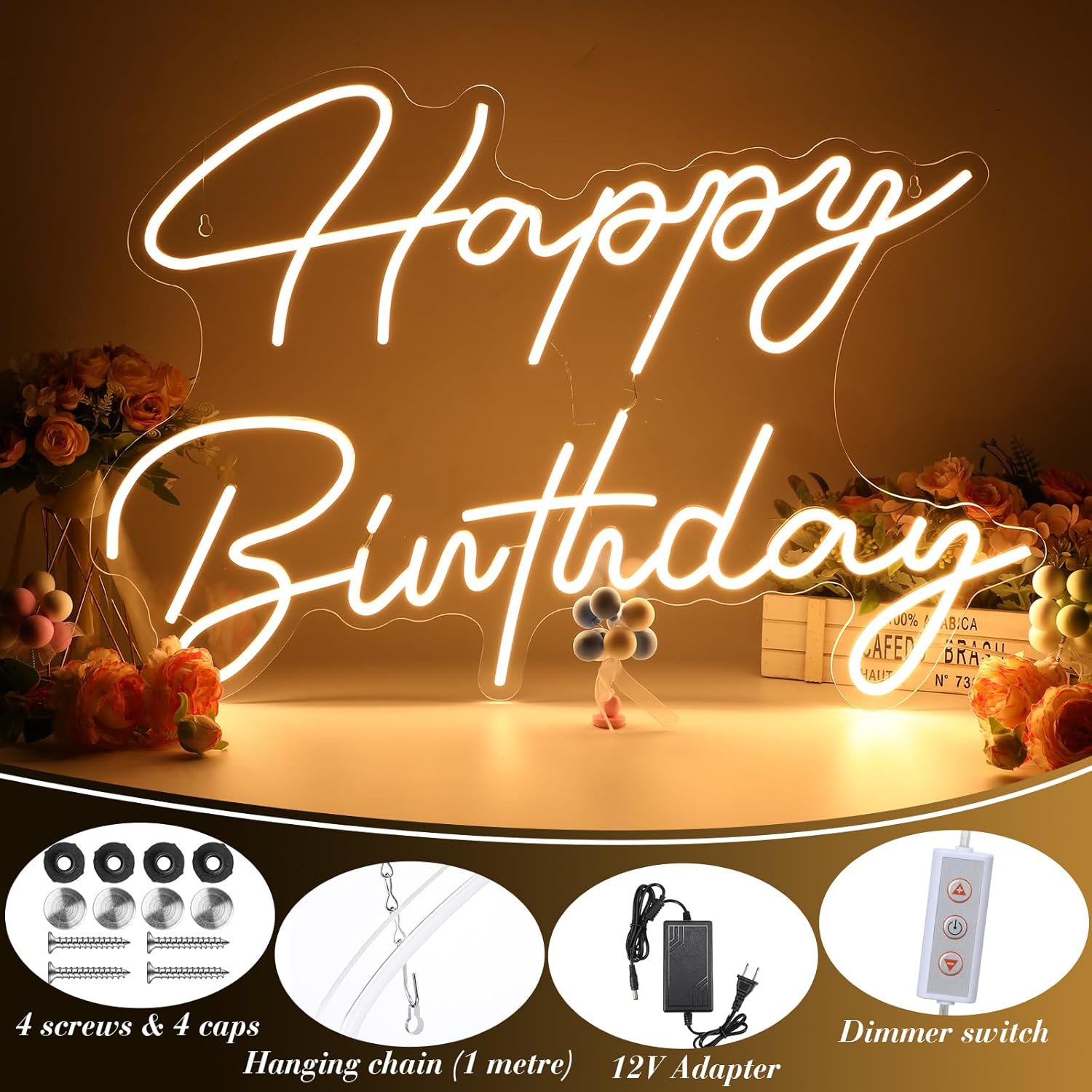 30" x 21" Happy Birthday Neon Sign Large Happy Birthday LED Neon Light Signs with Dimmable Switch 12V Power Adapter for Party Wall Decoration Bar Rave Home Decor Backdrop(Warm White,30" x 21") - Image 3