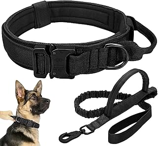 Juego de correa táctica para collar de perro, collar ajustable de nailon para entrenamiento militar con mango de control y hebilla de metal, collar para perros medianos y grandes (negro, L)