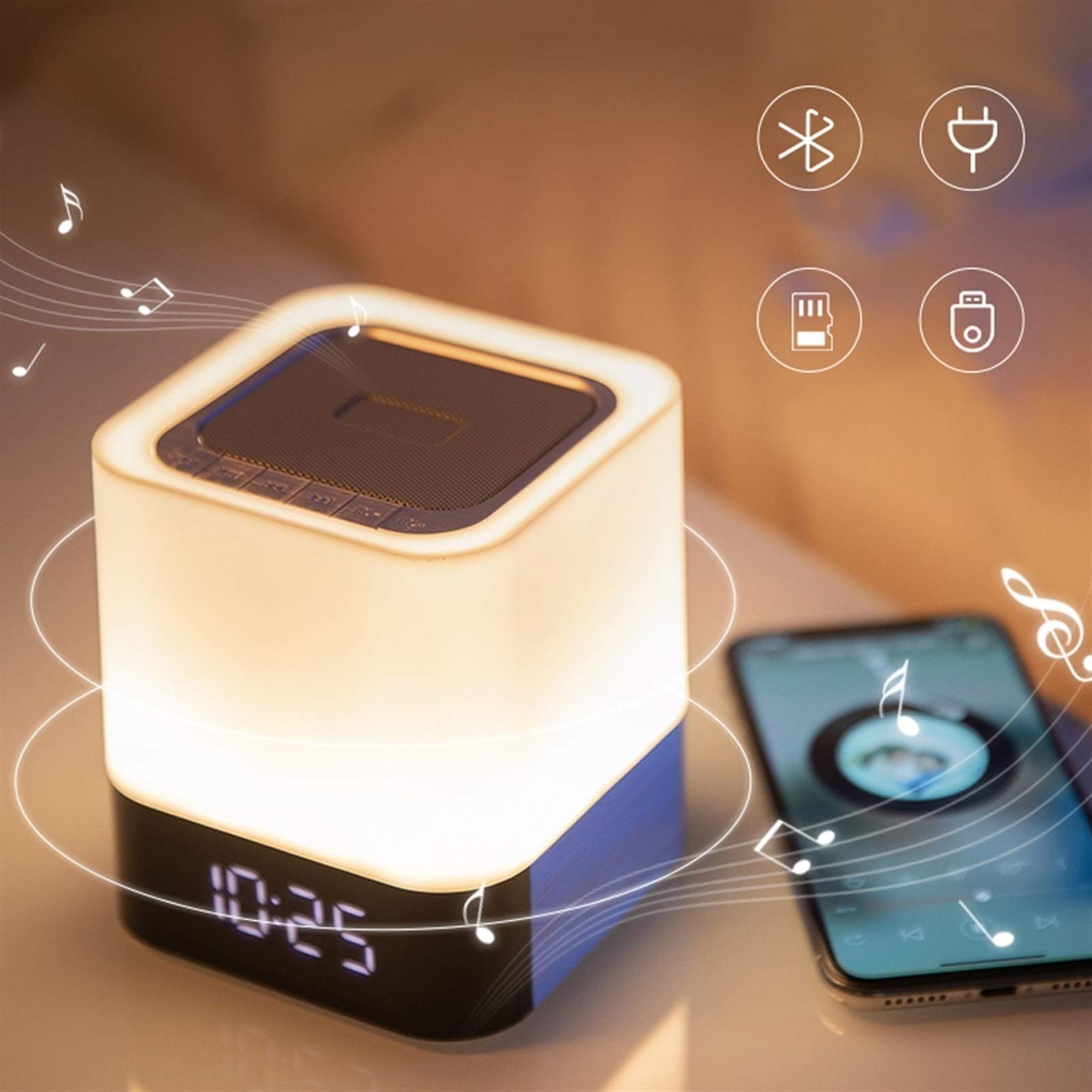 Lámpara Mesilla/Lámpara Escritorio Lámpara de noche de luz nocturna con altavoz Bluetooth Control táctil Calendario digital Reloj despertador, soporte TF y tarjeta SD, mejor para dormitorios niños Lám