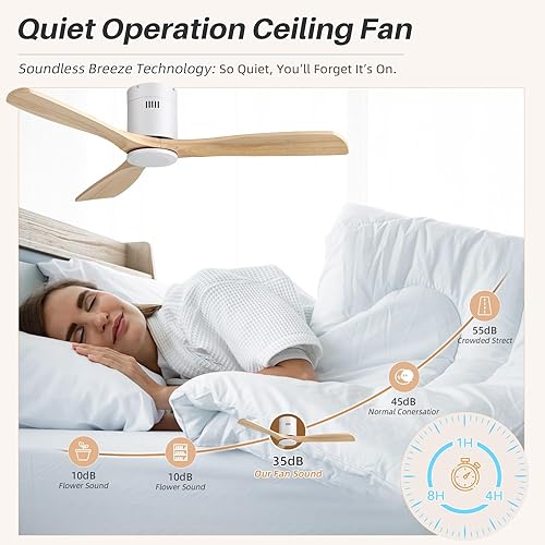 Miniatura 5 de CACI Mall Ventilador de techo de madera maciza de 52 pulgadas sin luz, montaje empotrado, 3 cuchillas, perfil bajo, moderno, ventiladores de techo