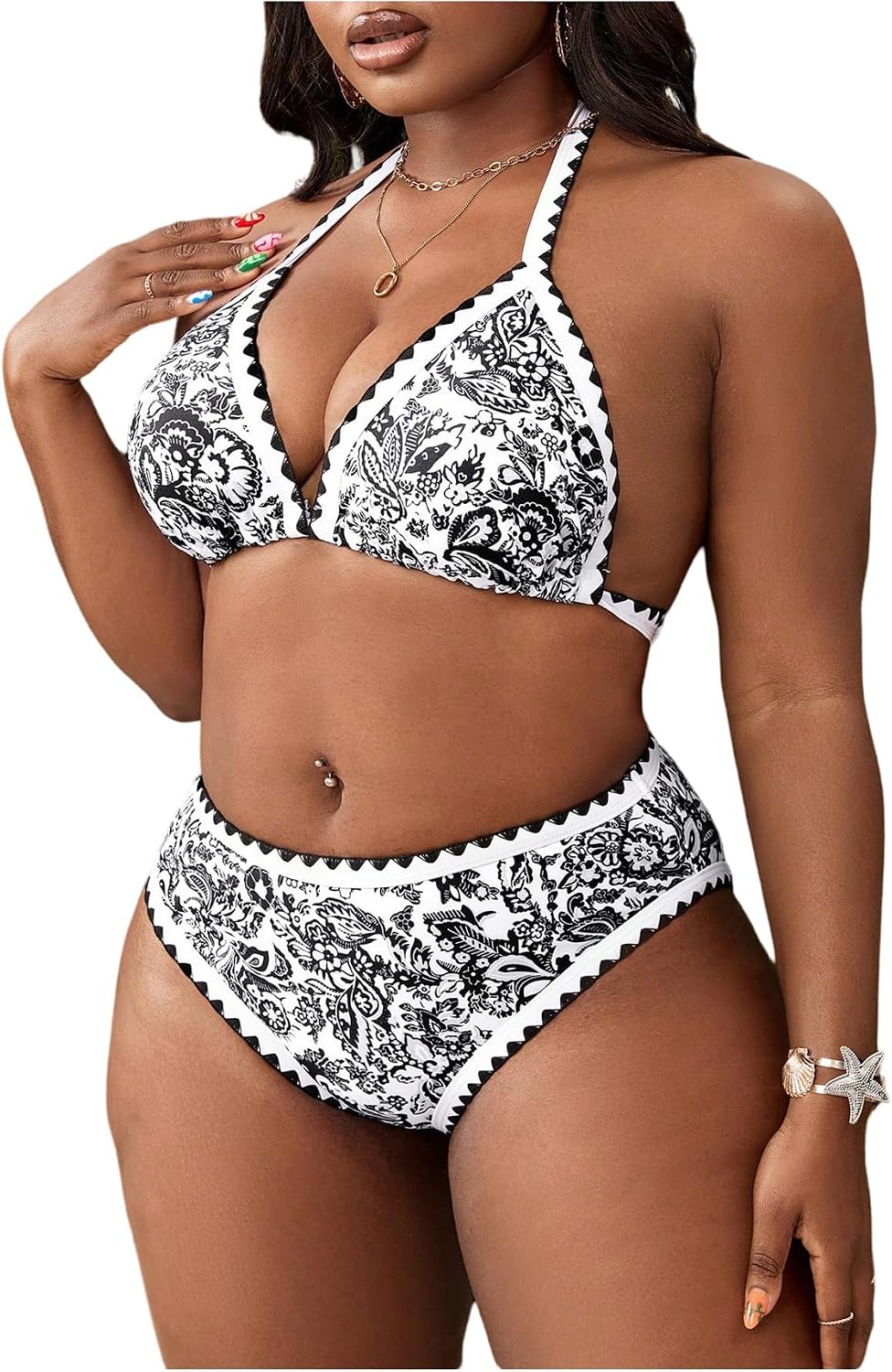 OYOANGLE Women's Plus Size Floral Print Bikini 2 Piece Swimsuit Triangle Halter Bathing Suit High Waisted Swimwear