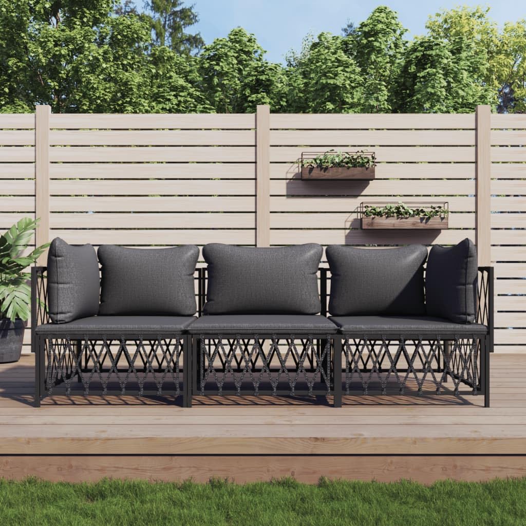 Mobilier de salon de jardin anthracite en acier 3 pièces canapé de terrasse avec coussins