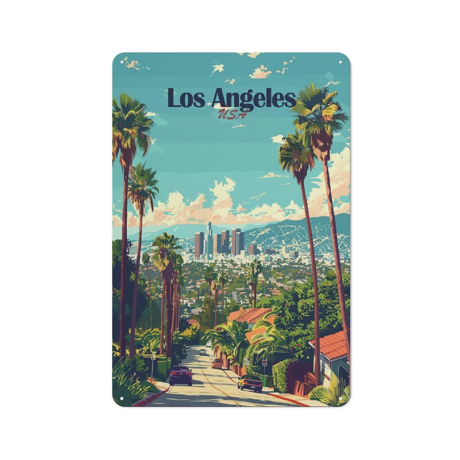 Retro Kitchen Metal Sign 30x20cm Featuring Los Angeles Cityscape, Bistro Wall Plaque for Restaurant, Kitchen, Counter Or Breakfast Nook