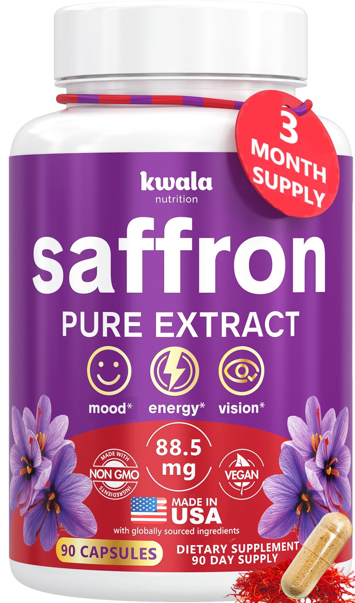 Saffron Supplements 88.5mg - Pure Saffron Extract for Mood, Energy & Focus - Made in USA - 3 Month Supply - 90 Capsules