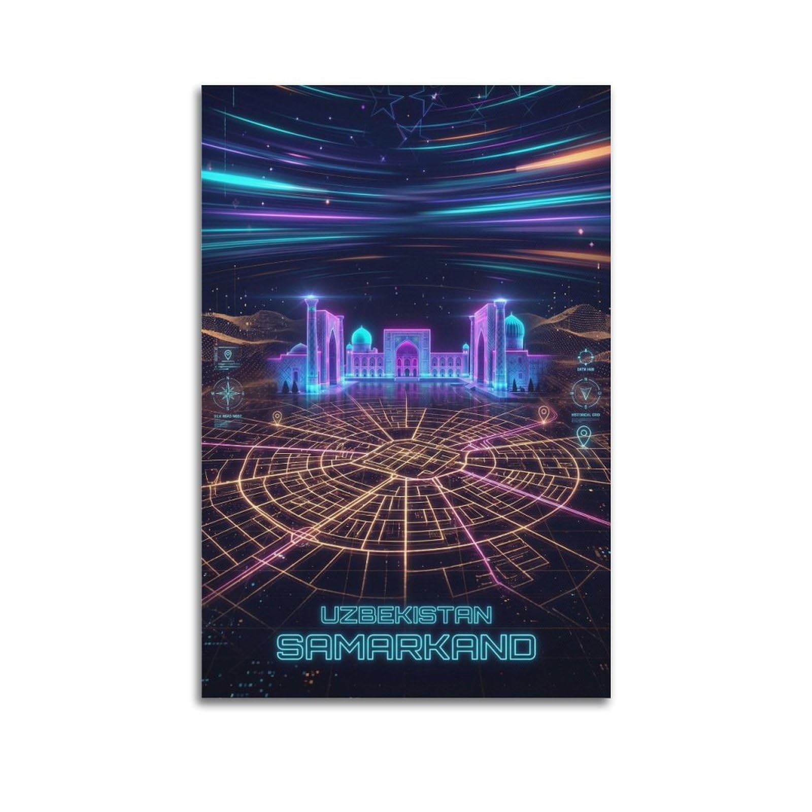 XKUGA Uzbekistan Registan Neon City Synthwave Map Poster Modern Decorative Canvas Prints - Ideal Wall Art for Family, Man Cave, Game Room, Boys & Girls Bedroom 24x36inch(60x90cm)
