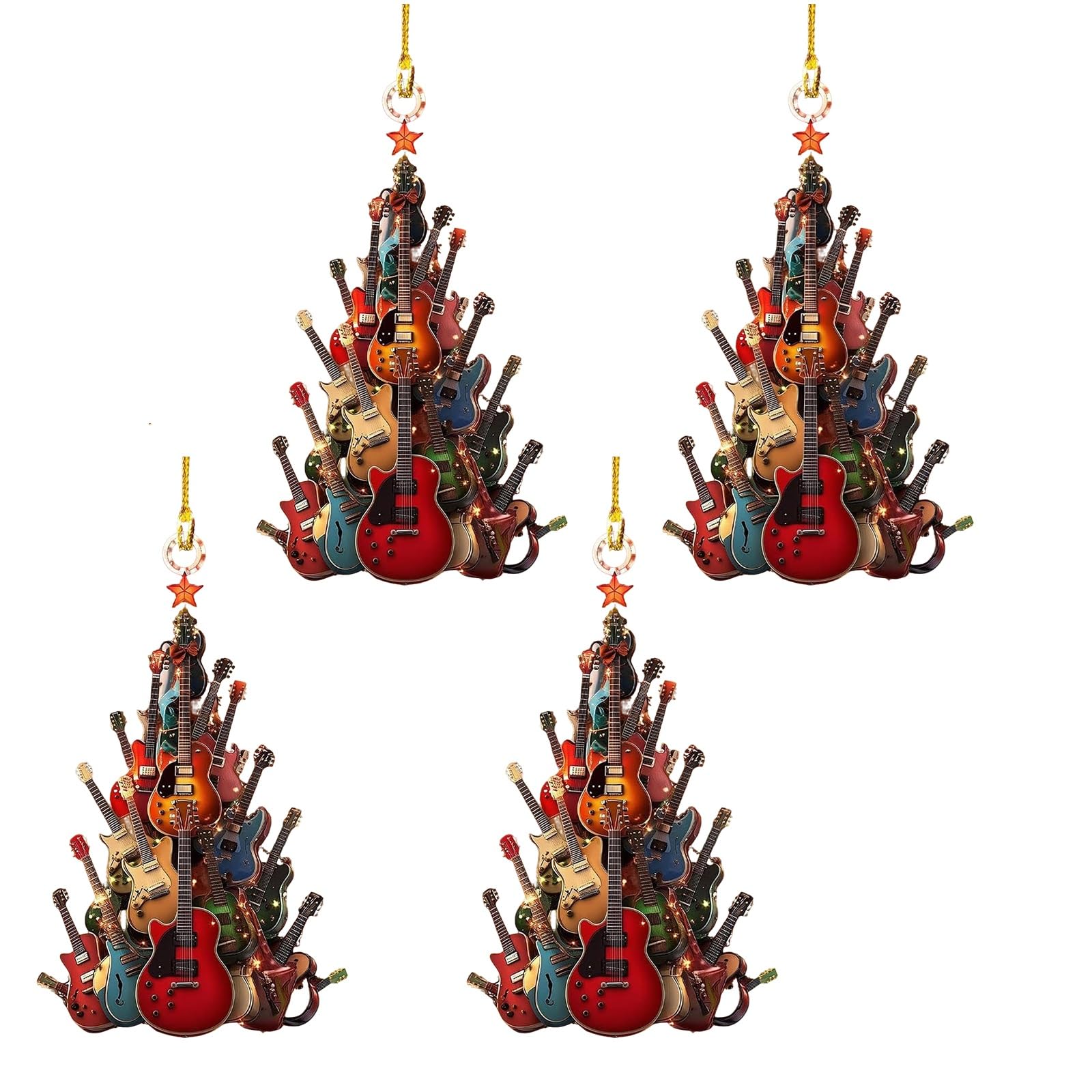 Tasber 4Pcs Guitar Christmas Tree Ornament, Acrylic Rock Guitar Christmas Tree Ornaments, Wooden Electric Guitars Decoration Music Theme Party Decor & Gifts For Musicians (4Pcs)