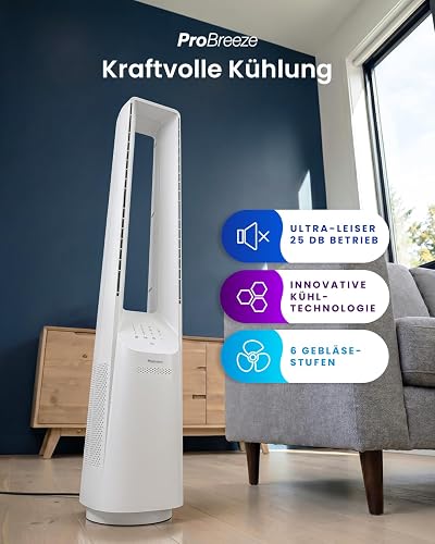 Pro Breeze® Silent Bladeless Portable Tower Fan - Ultra Quiet Standing Air Circulator with Remote Control, Timer, 6 Speeds & LED Display - 2