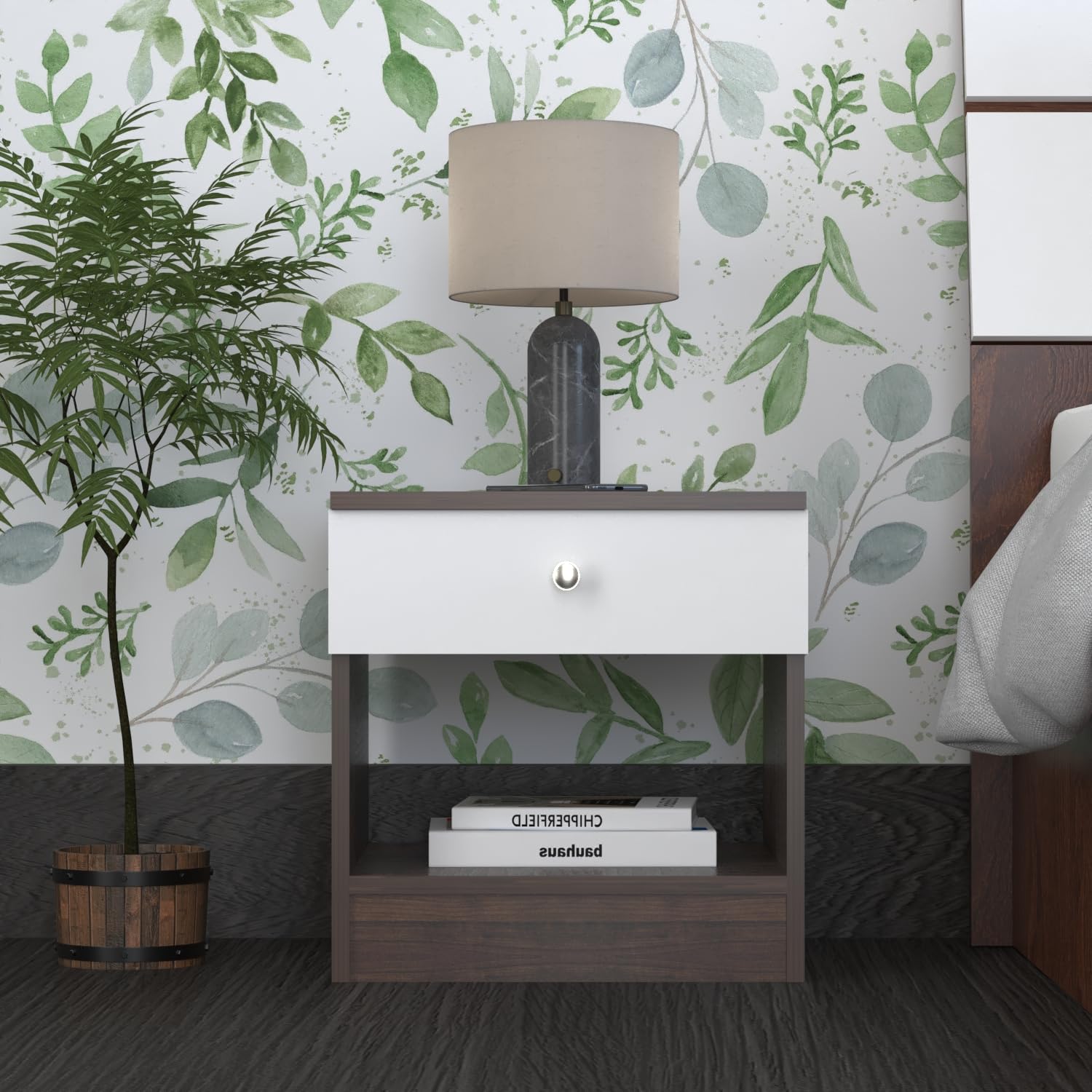 Wood Inspire Glacia Engineered Wood Bedside Table for Bedroom | Wooden Bed Side Nightstand with 1 Drawer Storage & 1 Open Shelf | Bedside Table for Home | Choco Maple and Frosty White Finish-image-42