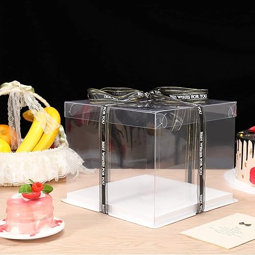 Miniatura 5 de 4 cajas transparentes para pasteles con una cinta de 147 pies de 10 x 10 x 9 pulgadas de alto, caja para tartas para bodas, cumpleaños, aniversario,