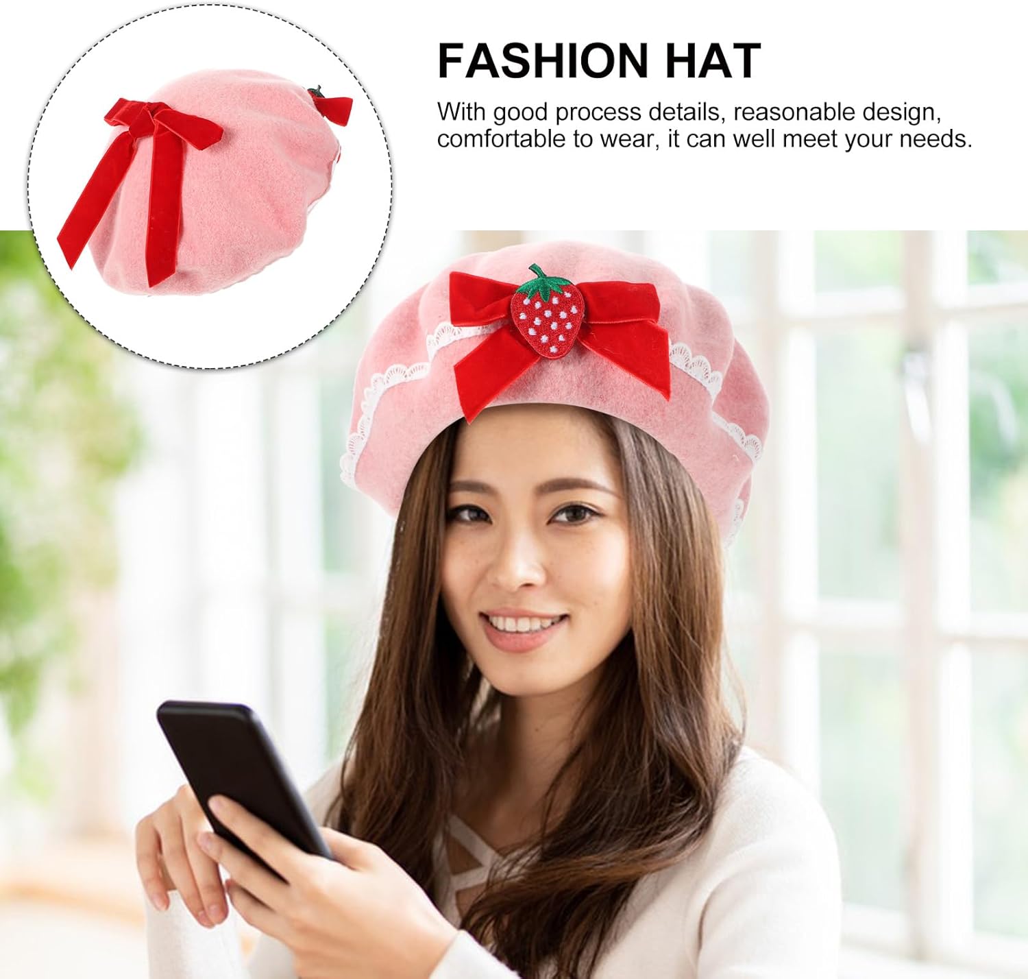 Amosfun Wool Beret Hat Strawberry Bowknot Beret French Style Beret Artist Hat Beanie Caps for Halloween Christmas Holiday Women Girls Lady - Image 5