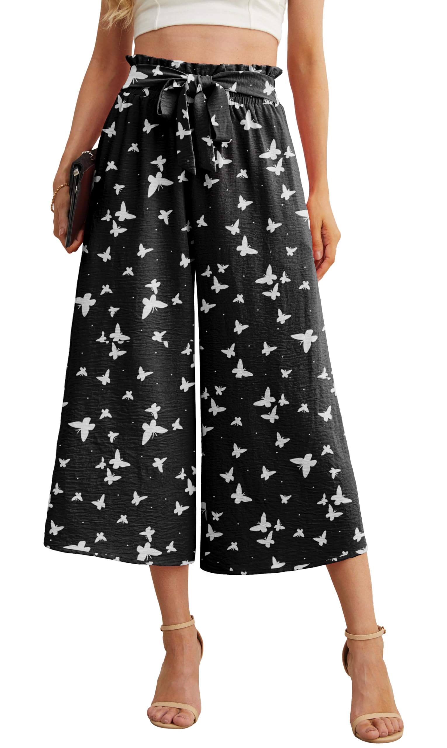 IWOLLENCE Women Flowy Loose Wide Leg Pant Summer Beach Casual Trousers high Waist Adjustable Knot Business Work Casual Pants