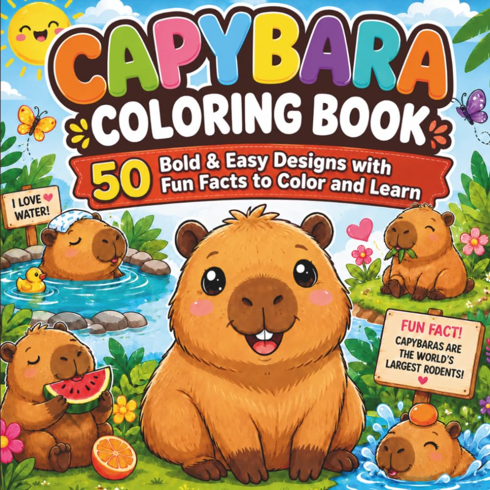 Capybara Coloring Book: 50 Bold & Easy Scenes with Fun Facts to Color and Learn