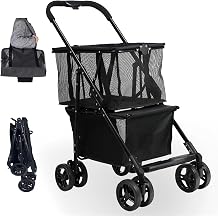 Foldable Utility Shopping Trolley Carts with Rolling Swivel Wheels, 70 lbs Weight Pet Stroller Capacity with Stylish Removable Tote Basket for Travel Shop Move Luggage Black + Black Frame