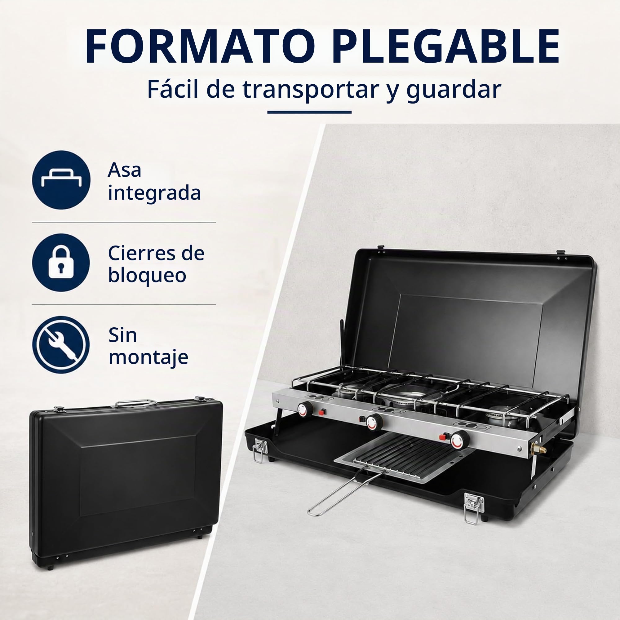 Hornillo de camping de 3 fuegos, 4,5 kW, plegable, portátil, con encendido piezoeléctrico, protección contra el viento, sin montaje para camping, picnic